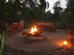 An open-air campsite with safari tents pitched on the grass near a campfire area.