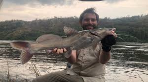 An angler reeling in a fishing line from a boat, with the distant shores visible and hippos grunting in the background. Best Tiger Fishing in Uganda