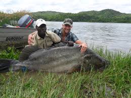 Angler reeling in a giant Nile Perch during the Best 4-Day Uganda Safari: Fishing, Rhinos & Chimps Tour.