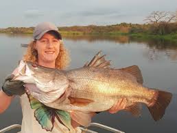 A freshly caught, gleaming Nile Perch held up by a proud local fisherman at a landing site, with colorful wooden boats in the blurred background