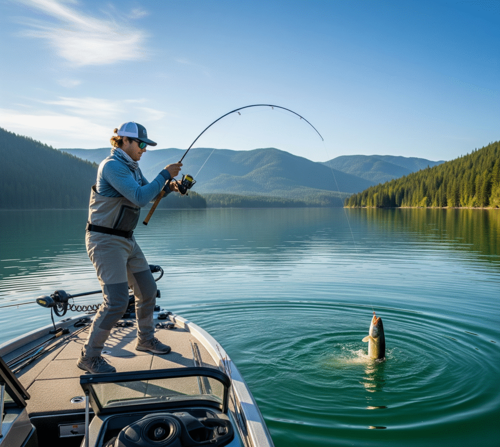 Fly fisherman casting a baitfish streamer line from a boat while tiger fishing in Uganda