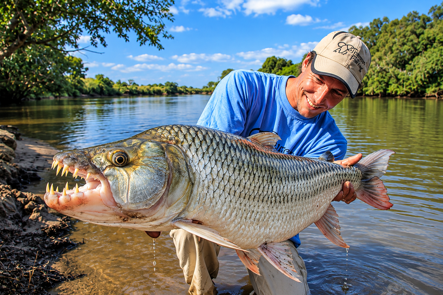 Angler holding a tigerfish caught on the River Nile during a fishing safari in Uganda
