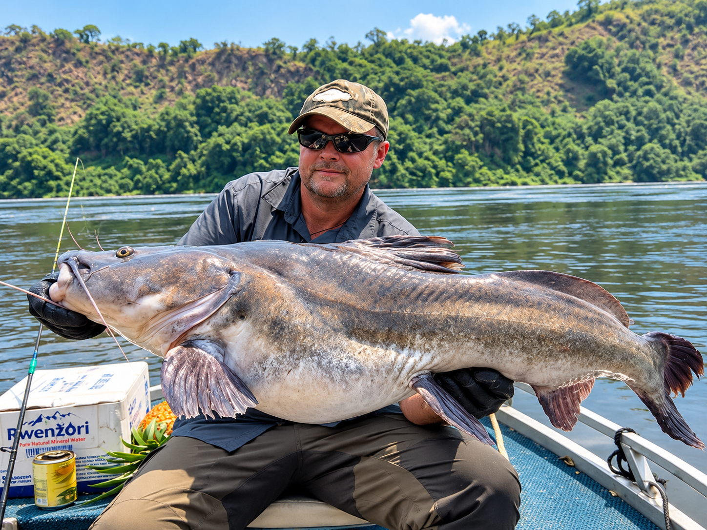 Uganda Fishing Safaris – Nile Perch Fishing Adventures Angler enjoying fishing from a boat during a River Nile fishing safari in Uganda.