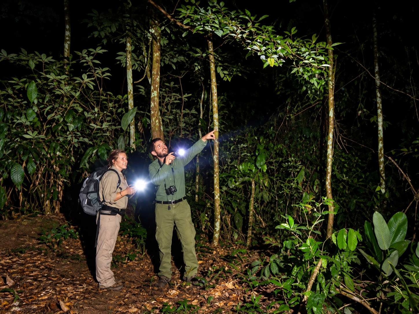 Guests enjoying a guided night walk near Little Monkey Camp and Kibale Forest