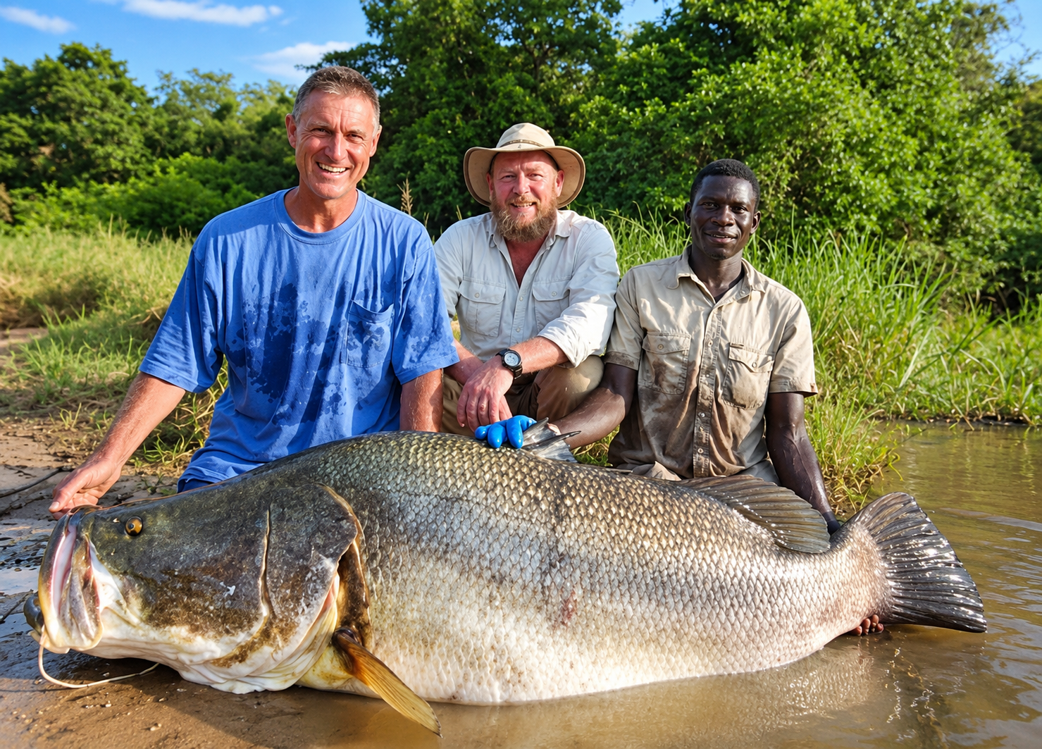 Uganda Fishing Safaris – Nile Perch Fishing Adventures Peter Rujabuka, local Uganda fishing guide, with anglers and a trophy Nile perch
