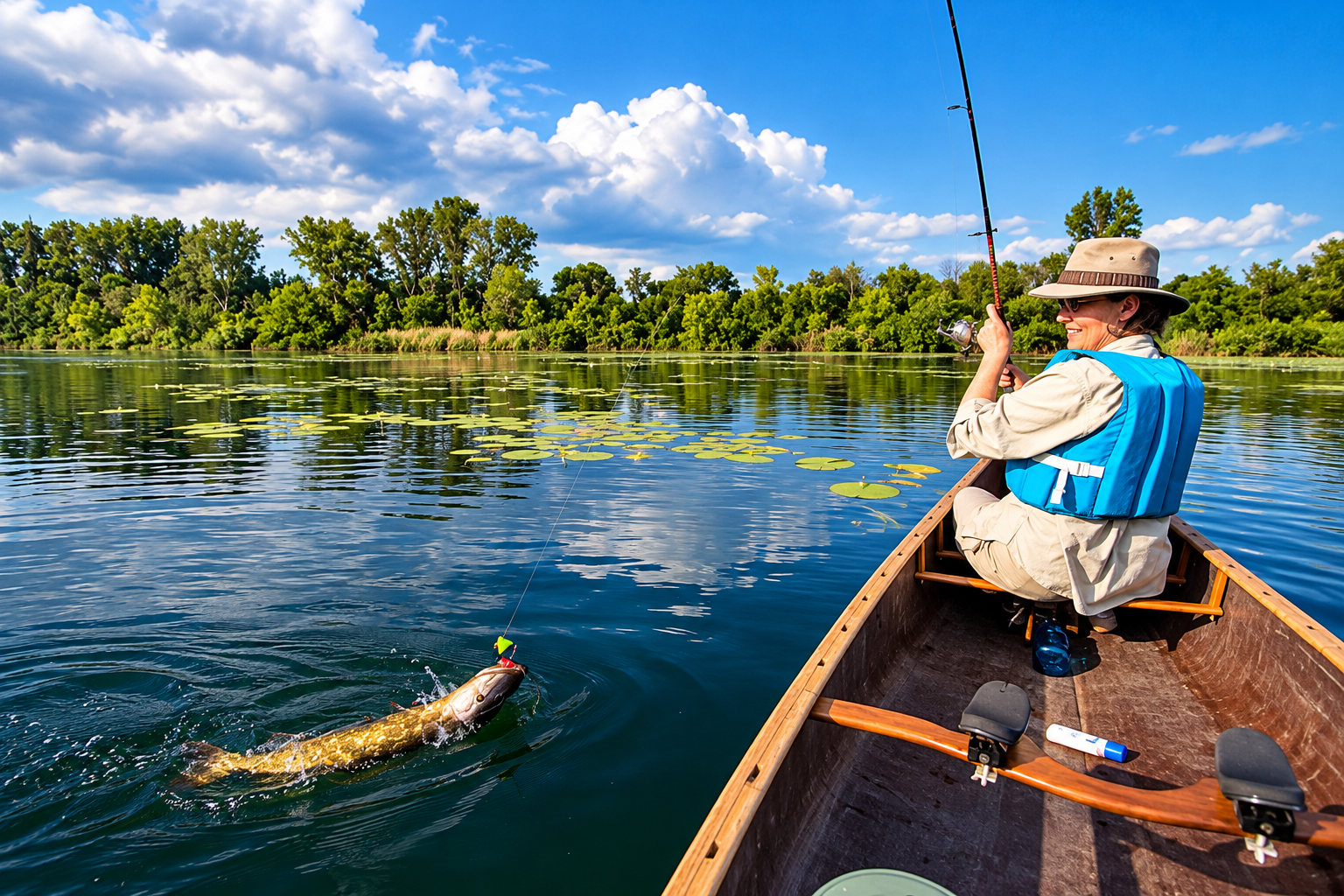 Angler enjoying a guided freshwater fishing safari from a boat in Uganda.