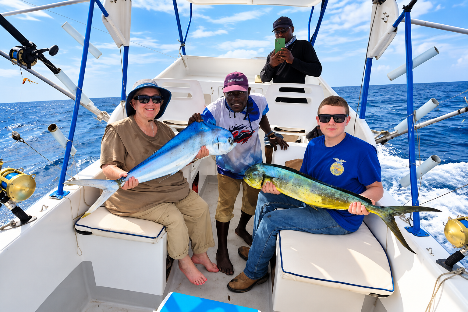Anglers holding a large sailfish during an offshore sport fishing trip.
