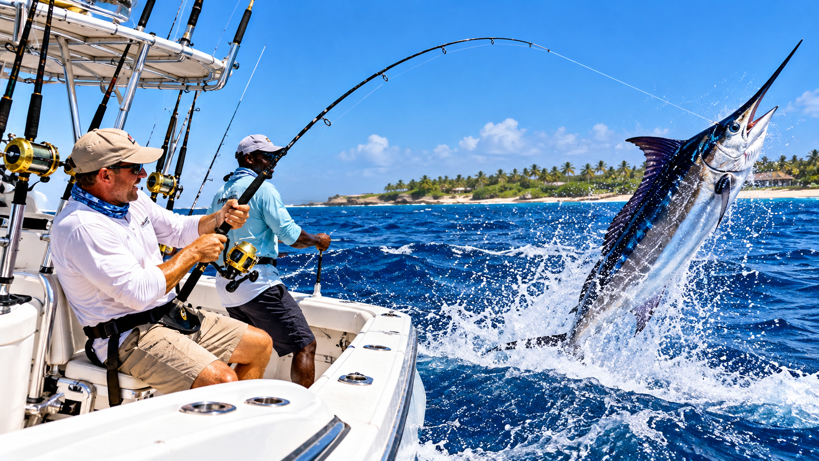 Deep sea fishing charter in Tanzania with anglers targeting a jumping blue marlin in the Indian Ocean.