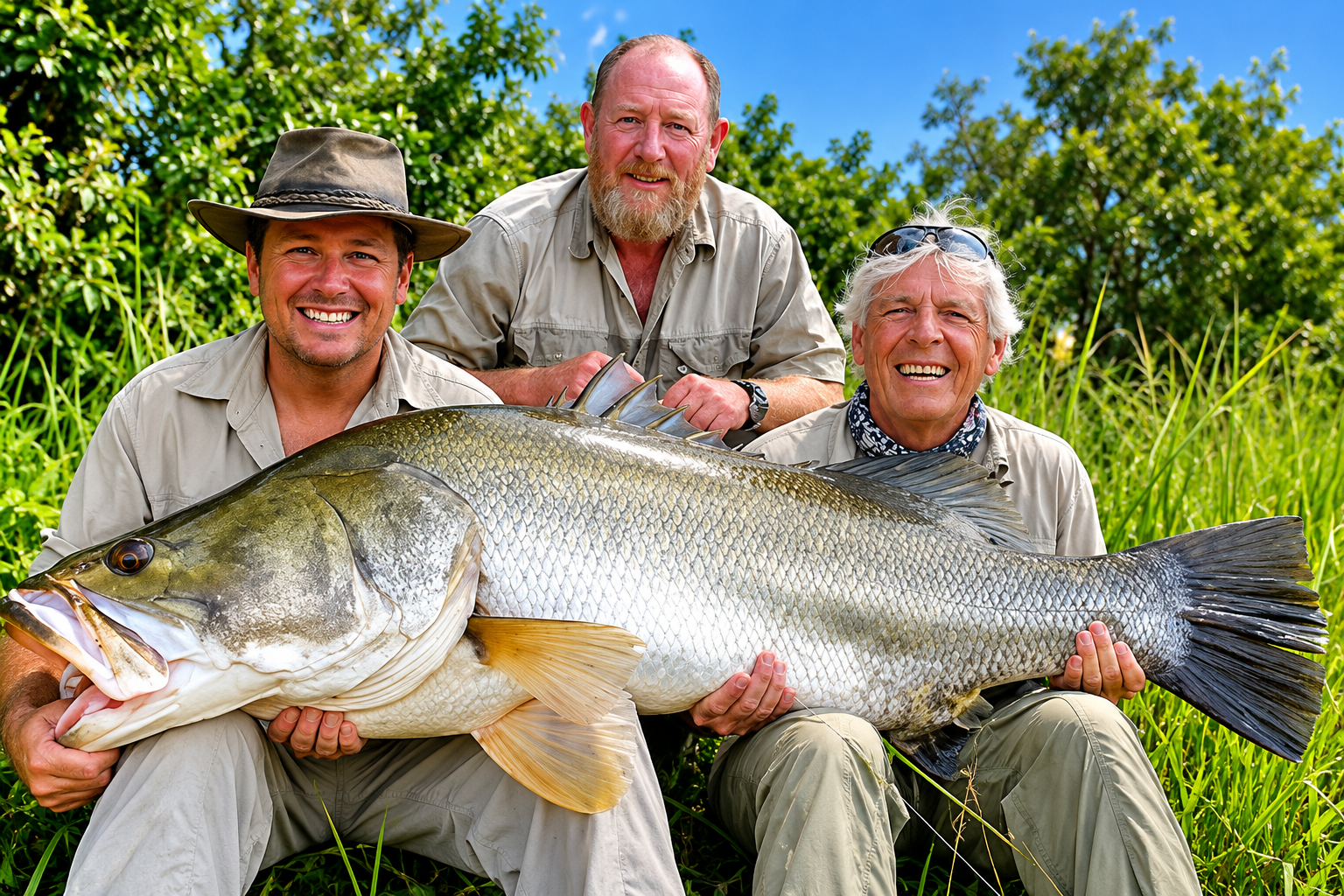 Anglers holding a large Nile perch during a freshwater sport fishing adventure in East Africa.