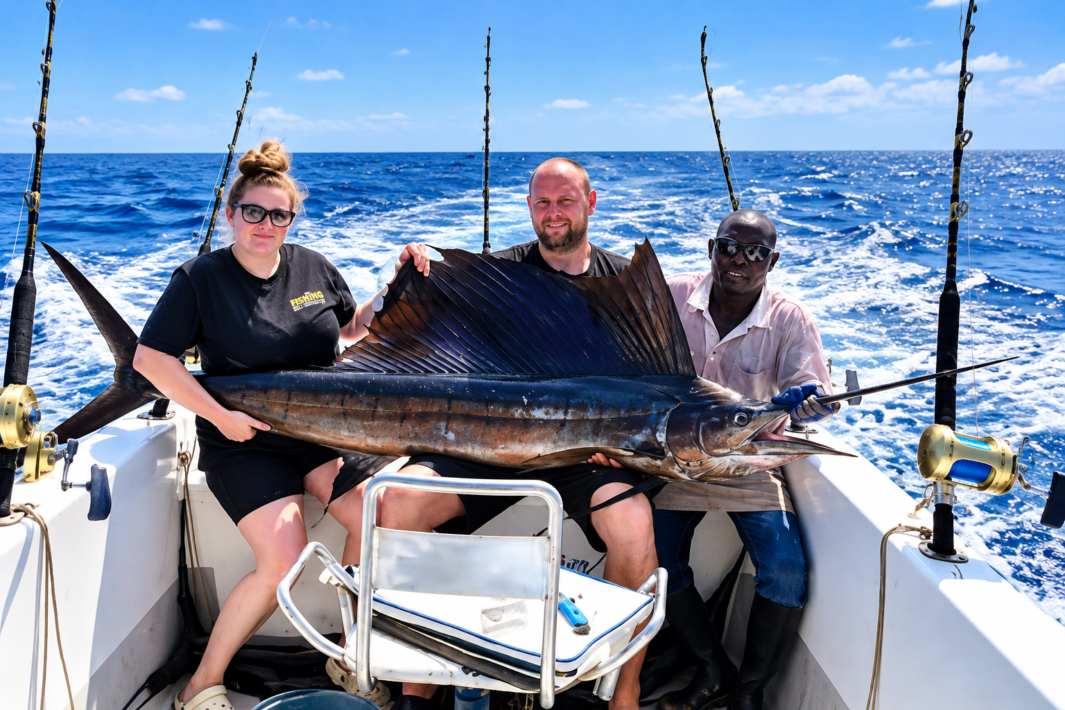 Anglers holding a large sailfish aboard a deep sea fishing boat in the Indian Ocean.