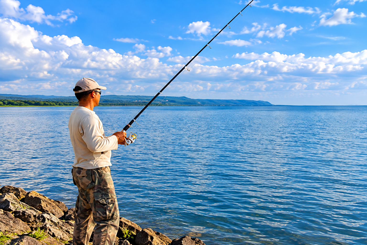 Angler casting a fishing rod beside a freshwater lake on Rwanda Fishing Tours