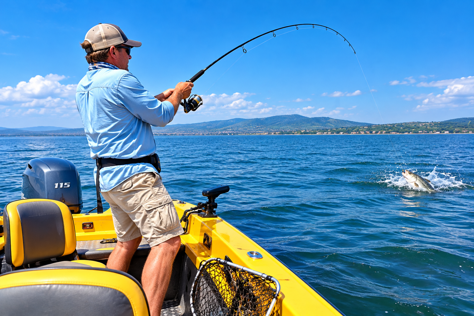 Angler fighting a fish with a fishing rod from a yellow boat on a freshwater lake.