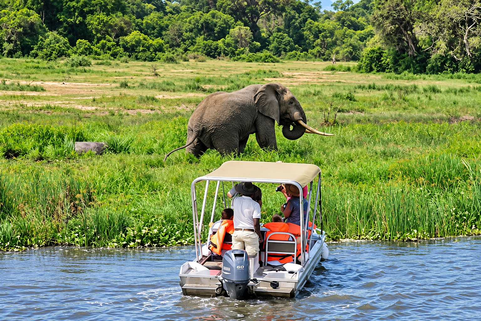 Elephant beside the River Nile as tourists enjoy a boat safari in Murchison Falls National Park, Uganda.
