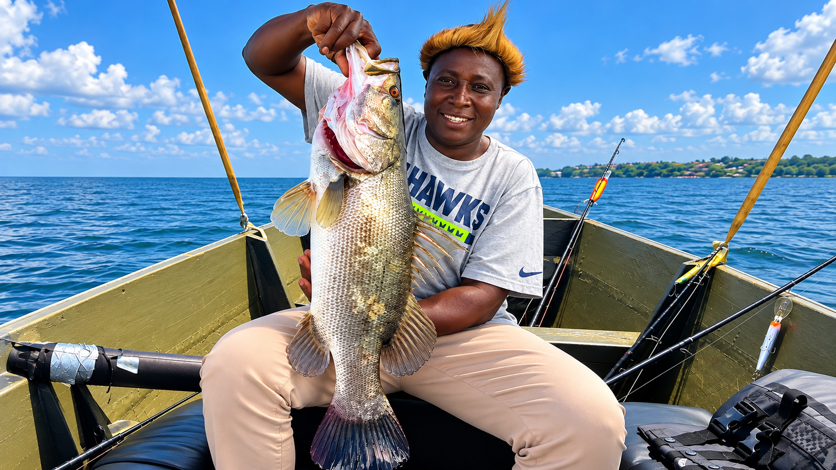 Peter Rujabuka of Peter's Fishing Tours showcasing a large Nile perch caught during a guided fishing safari on Lake Victoria, Uganda.