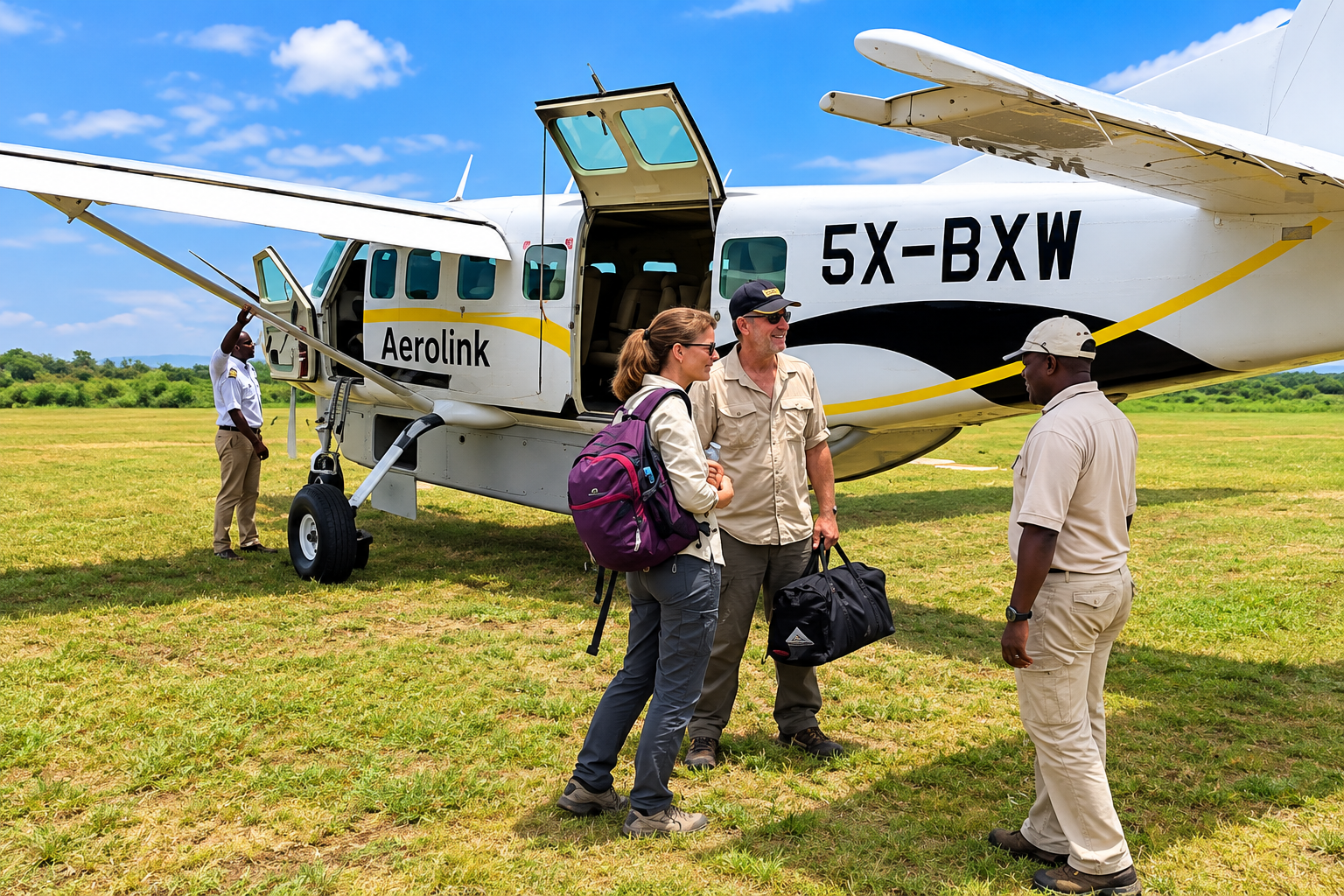 Private fly-in fishing safari in Uganda with guests arriving by Aerolink aircraft for a luxury Nile perch fishing adventure at Murchison Falls.