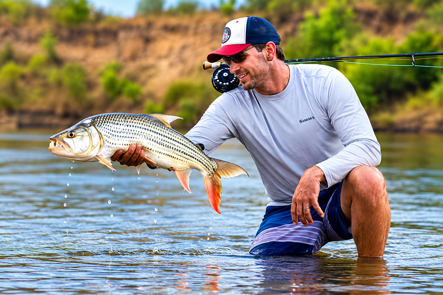 Angler holding a large African tigerfish with orange fins while sitting in a fishing boat on a river.
