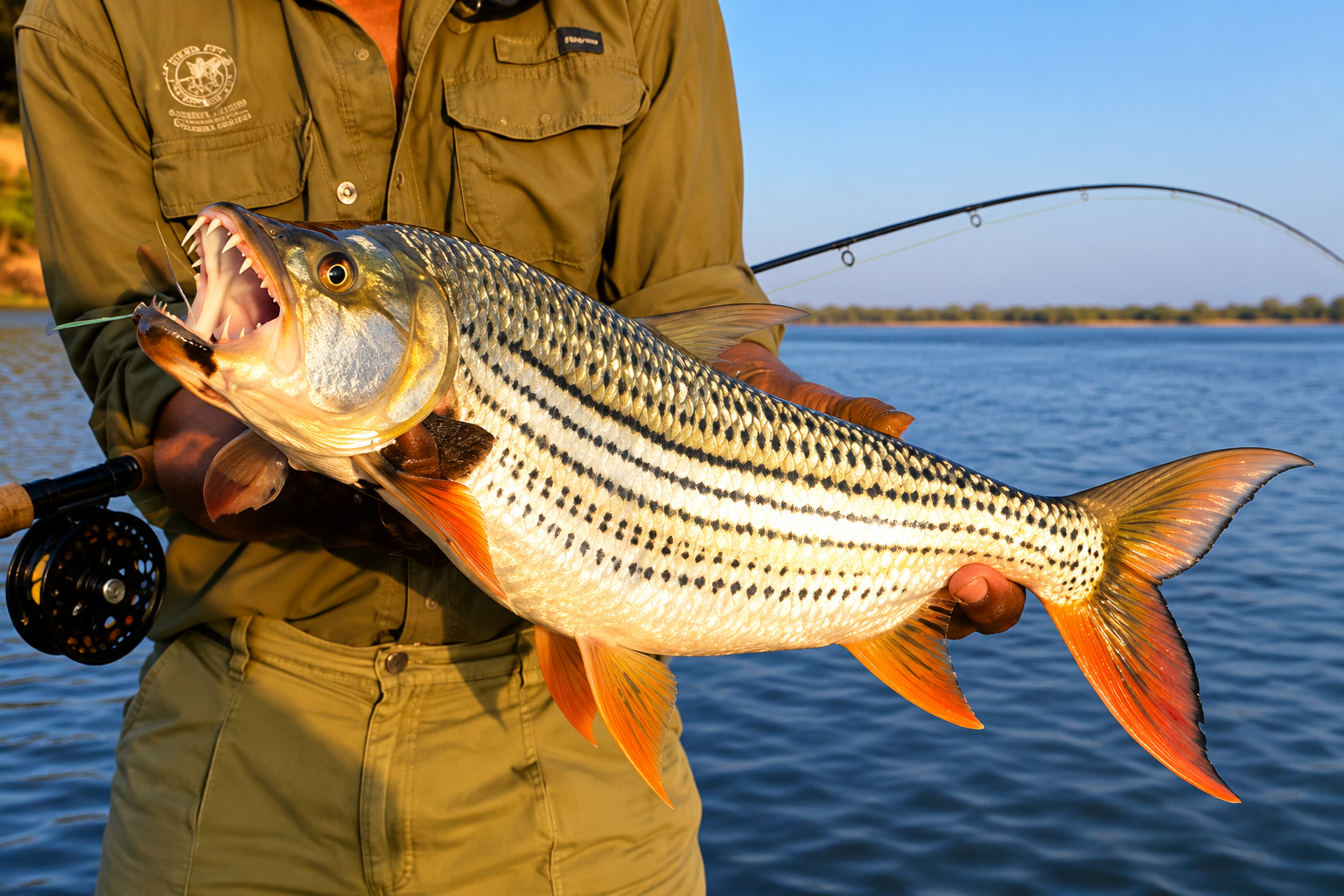 African tigerfish with sharp teeth and striped body resting in shallow river water. Tiger Fish Fishing in Uganda